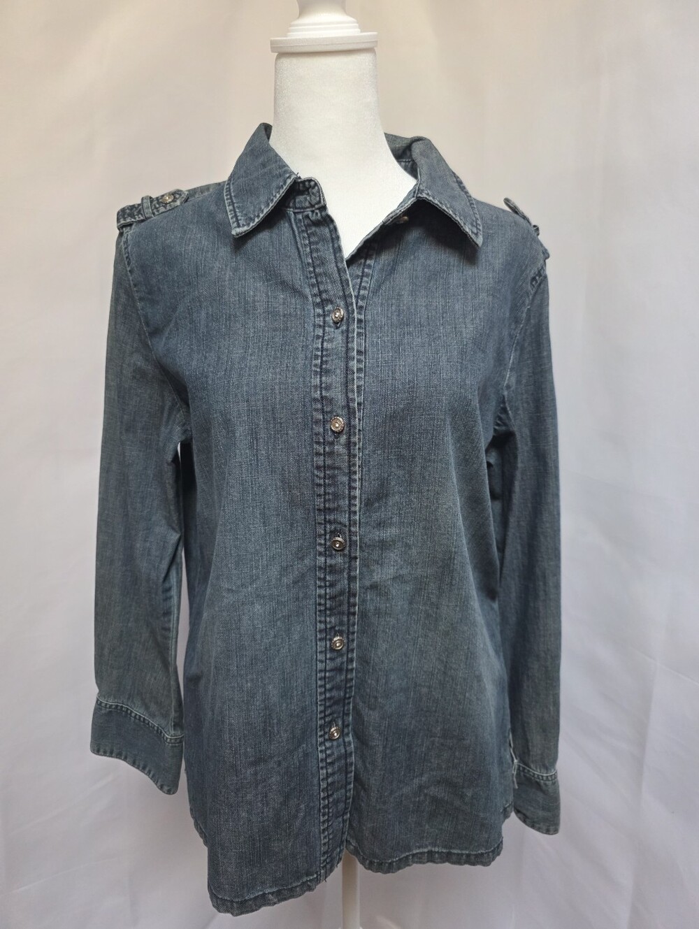 Chico's Size 1 Blue Denim Button Down Shirt Rhinestone Buttons 100% Cotton